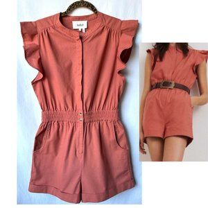Ba&sh Cecile Cotton Ruffle Sleeve Romper In Peach Orange Pink